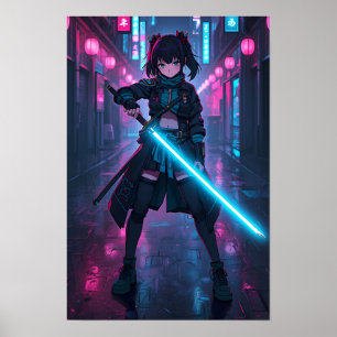 Neon-Cyberpunk-Anime-Girl mit leuchtendem Schwert Poster