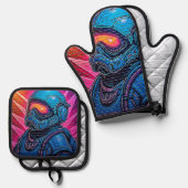 Neon Cyberpunk Astronaut Ofenhandschuh & Topflappen-Set (Vorderseite/Rückseite)