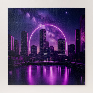 Neon Cyberpunk Cityscape - futuristisch Lila Puzzle