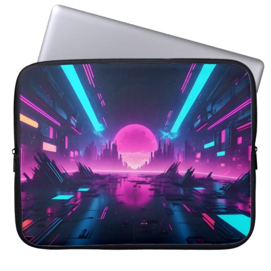 Neon Cyberpunk Cityscape Synthwave Retro Tech Laptopschutzhülle (Vorderseite)