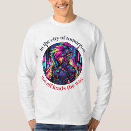 Neon Cyberpunk Elf in Futuristic Cityscape T-Shirt