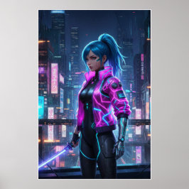 Neon Cyberpunk Girl | Futuristic City Warrior Poster