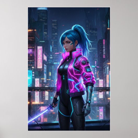 Neon Cyberpunk Girl | Futuristic City Warrior Poster (Vorne)