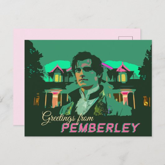 Neon Cyberpunk Herr Darcy Greetings von Pemberley Postkarte (Vorne/Hinten)