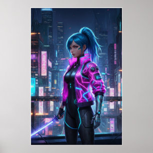 Neon-Cyberpunk-Mädchen Kriegerin der futuristisc Poster