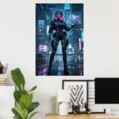 Neon Cyberpunk Operative – Futuristic City Poster (Heimbüro)
