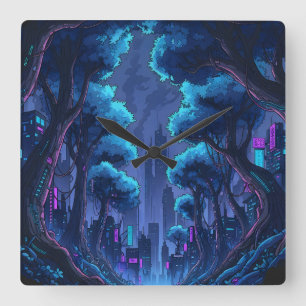 Neon-Cyberpunk-Stadtlandschaft Metropole Futuristi Quadratische Wanduhr
