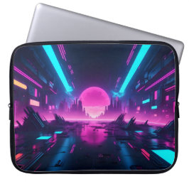 Neon-Cyberpunk-Stadtlandschaft Synthwave Retro-Tec Laptopschutzhülle