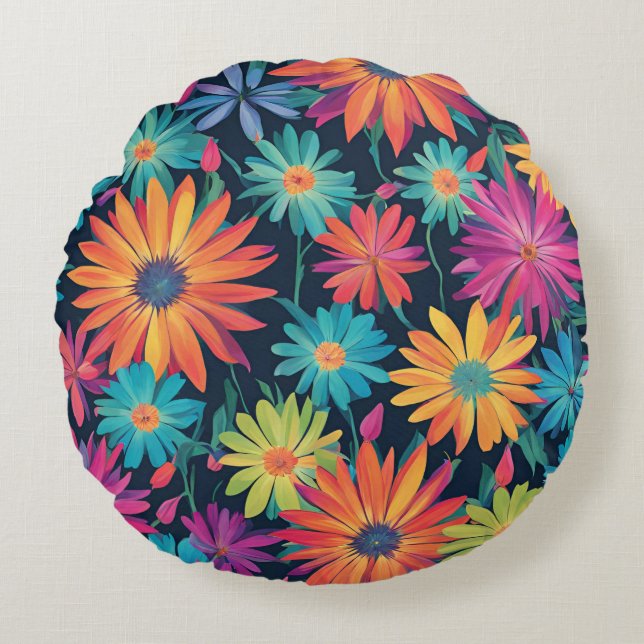 Neon Daisies Rundes Kissen (Vorderseite)