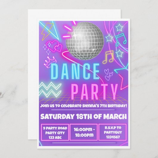 Neon Dance Party Einladungen (Vorne/Hinten)