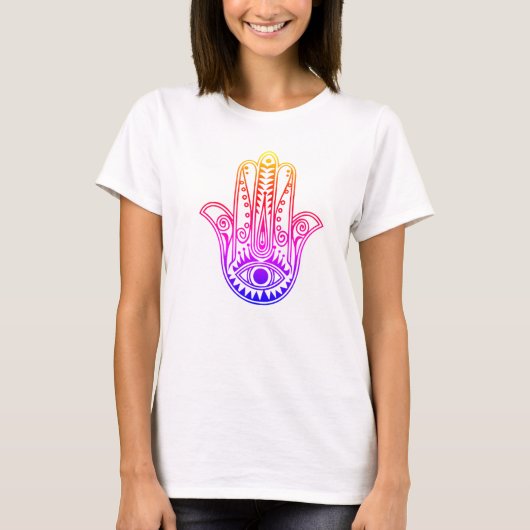 Neon Design Hamsa Hand auf den T - Shirt der Fraue (Vorderseite)