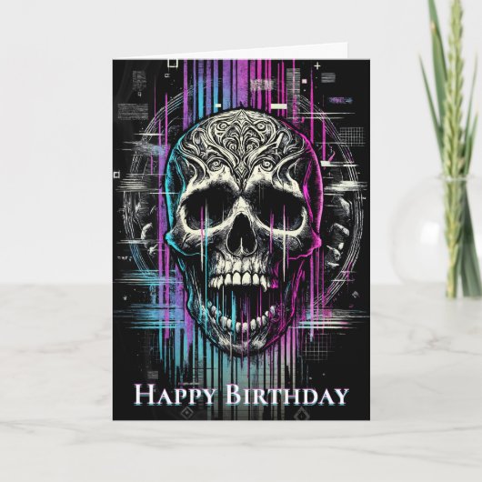 Neon Digital Decay Gothic Cyber Skull Dankeskarte (Vorderseite)