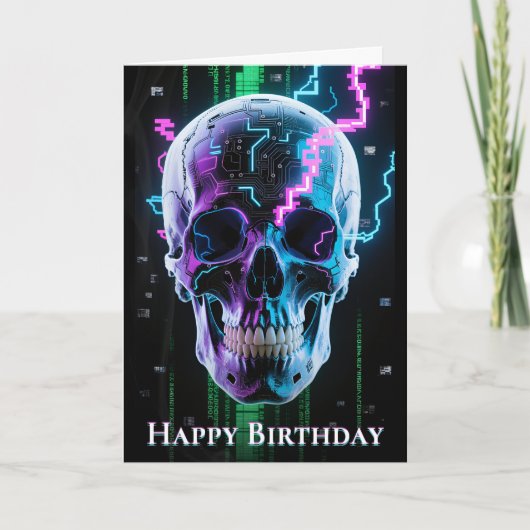 Neon Digital Decay Gothic Cyber Skull Dankeskarte (Vorderseite)