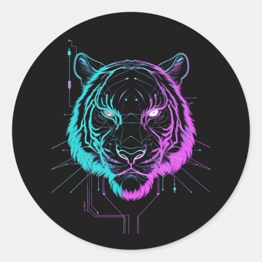 Neon digital tiger art runder aufkleber (Vorderseite)