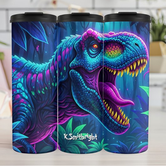 Neon Dinosaur Jungle Vibrant Roar Thermosbecher