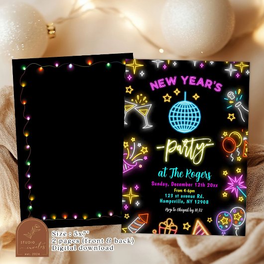 Neon Disco Ball Neujahrsfeier Einladung