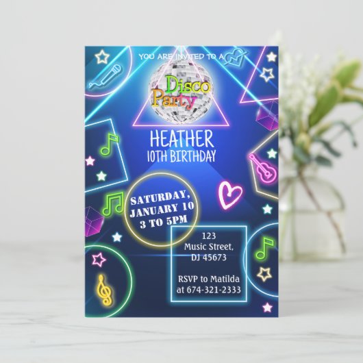 Neon Disco Party Einladung (Stehend Vorderseite)