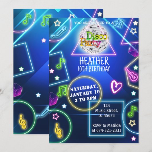 Neon Disco Party Einladung (Vorne/Hinten)