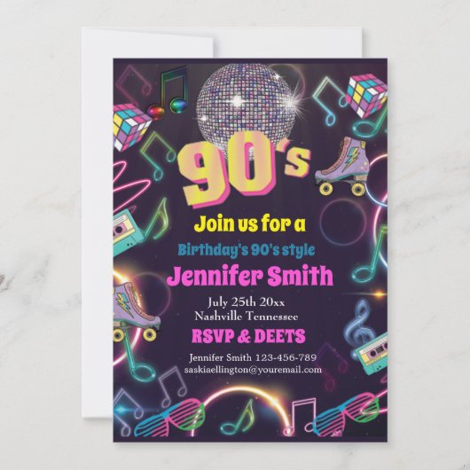 Neon Disco Vibes Retro Stytle der 90er Jahre Einladung (Vorderseite)