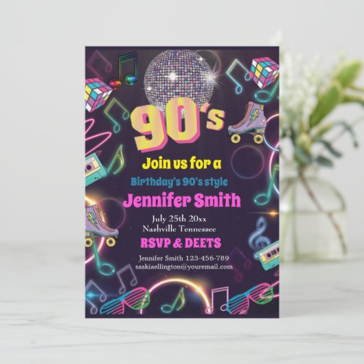 Neon Disco Vibes Retro Stytle der 90er Jahre Einladung (Stehend Vorderseite)