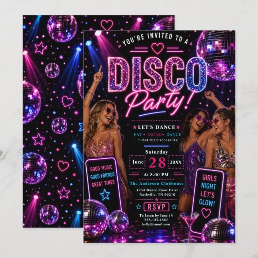 Neon-Diskoparty Einladung (Vorne/Hinten)