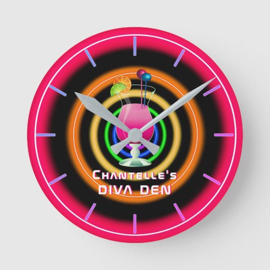 NEON DIVA DEN - Tropische Cocktails Personalisiert Runde Wanduhr (Vorderseite)