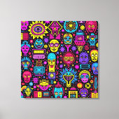 Neon Doodle Faces - Vibrant Street Art Pattern Leinwanddruck (Vorderseite)