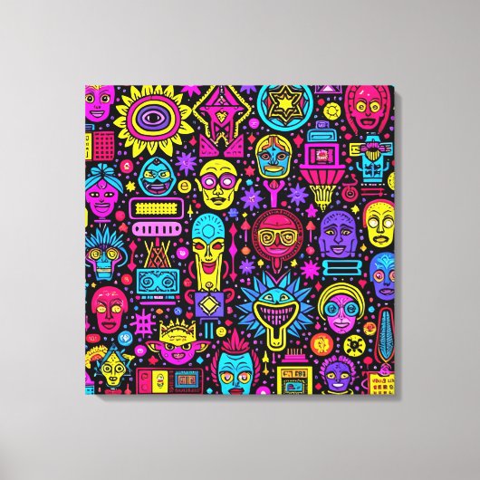 Neon Doodle Faces - Vibrant Street Art Pattern Leinwanddruck (Vorderseite)