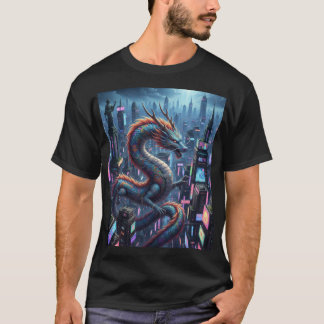 Neon-Drachenstadt – futuristische Skyline mit Myth T-Shirt