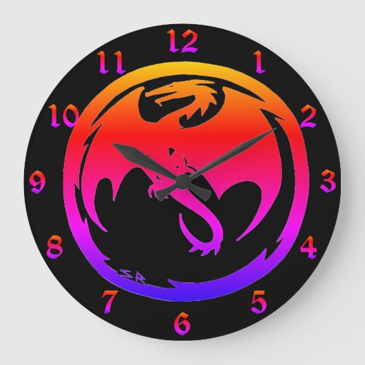 Neon Dragon Black Wall Uhr mit Zahlen (Vorderseite)