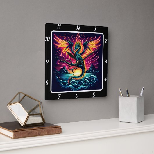 Neon Dragon, kosmischer Sturm Quadratische Wanduhr (Büro)