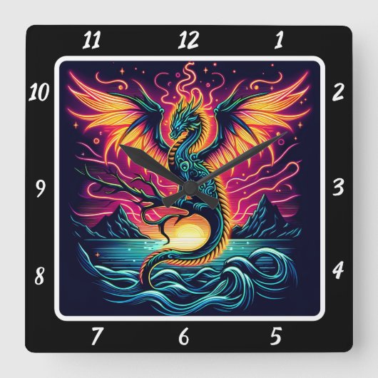 Neon Dragon, kosmischer Sturm Quadratische Wanduhr (Vorderseite)