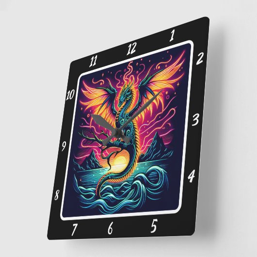 Neon Dragon, kosmischer Sturm Quadratische Wanduhr (Winkel)