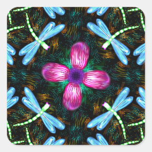 Neon Dragonflies Rosa Blume Schwarzes Shimmer Must Quadratischer Aufkleber