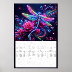 Neon Dragonfly und Rose 2025 Kalender Poster