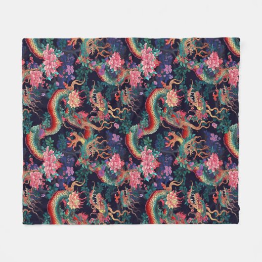 Neon Dragons und Blume Fleecedecke (Vorderseite (Horizontal))