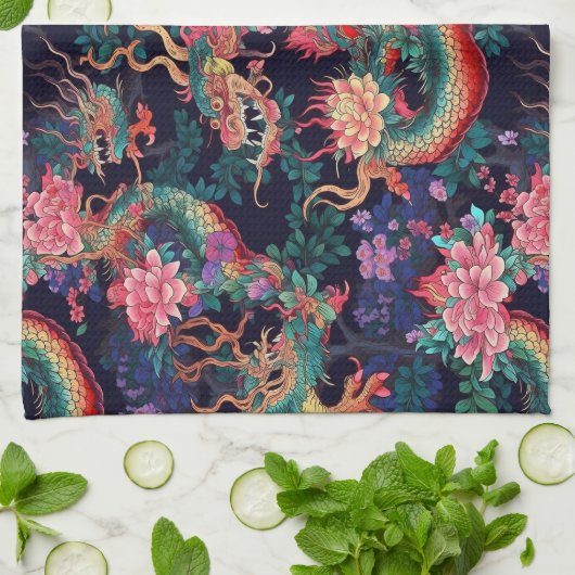 Neon Dragons und Blume Geschirrtuch (Gefaltet)