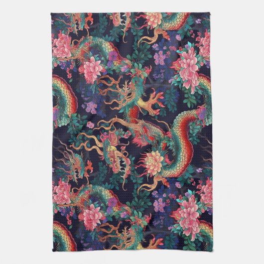 Neon Dragons und Blume Geschirrtuch (Vertikal)
