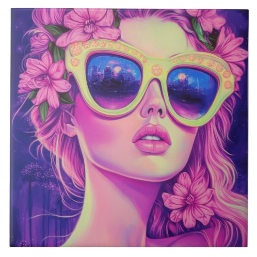 Neon Dream Girl mit BläserSonnenbrille Fliese (Vorderseite)