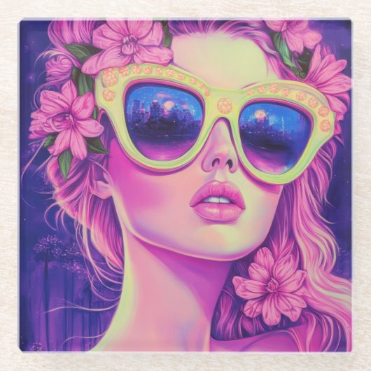 Neon Dream Girl mit BläserSonnenbrille Glasuntersetzer (Vorderseite)