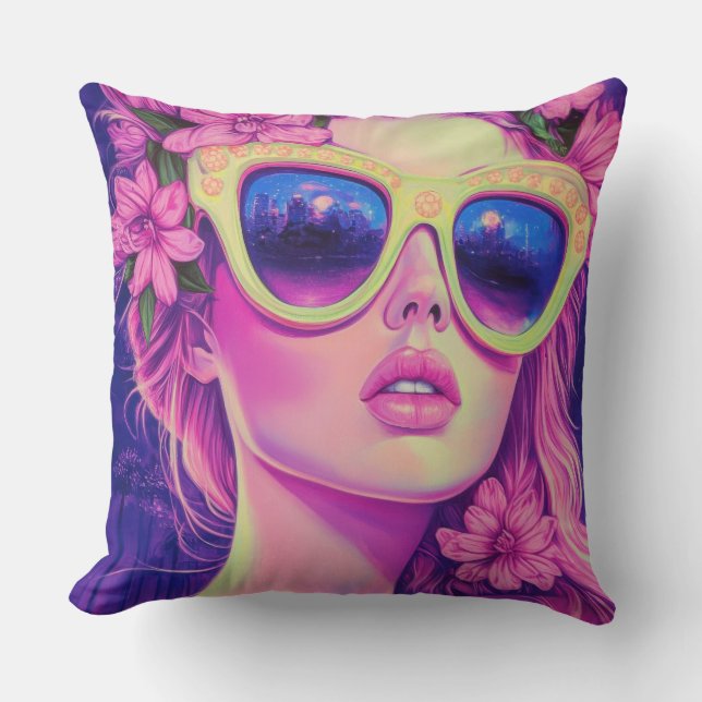 Neon Dream Girl mit BläserSonnenbrille Kissen (Vorderseite)