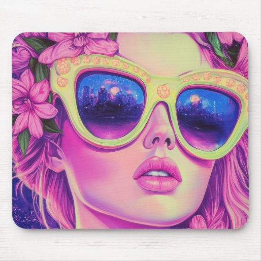 Neon Dream Girl mit BläserSonnenbrille Mousepad (Vorne)