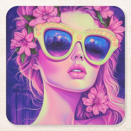 Neon Dream Girl mit BläserSonnenbrille Rechteckiger Pappuntersetzer (Vorderseite)