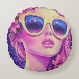 Neon Dream Girl mit BläserSonnenbrille Rundes Kissen