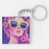 Neon Dream Girl mit BläserSonnenbrille Schlüsselanhänger (Rückseite)