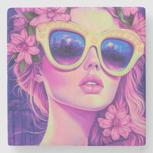 Neon Dream Girl mit BläserSonnenbrille Steinuntersetzer (Vorderseite)
