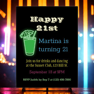 Neon Drinks und Tanzen 21. Geburtstag Party Folie Einladungspostkarte