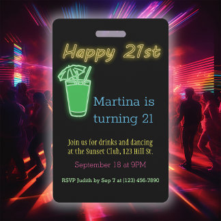 Neon Drinks und Tanzen 21. Geburtstag Party Invita Ausweis