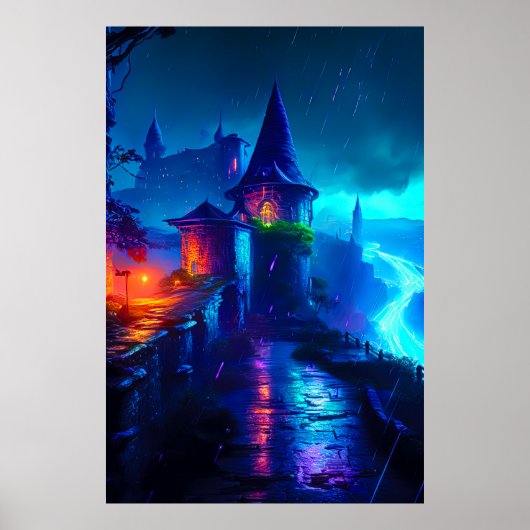 Neon-Dunkle-Fantasy-Schloss-Cyberpunk-Fluss Poster (Vorne)