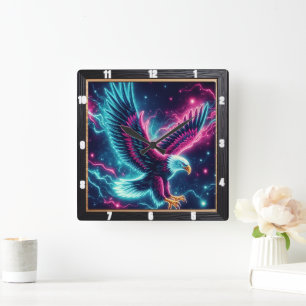 Neon Eagle Lightning Bolt Quadratische Wanduhr